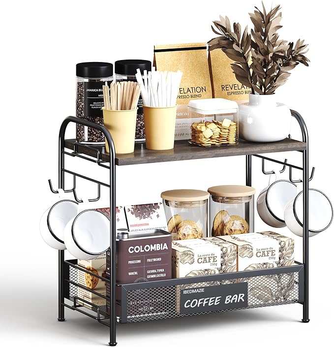 Coffee Bar Organizer for Countertop Station, Simple Assembly 2 Tier Shelf for Home,Office, Coffee Cup Holder Storage Organization for Counter Accessory Storage Rack with 4 Hooks Space-Saving-NeatNest