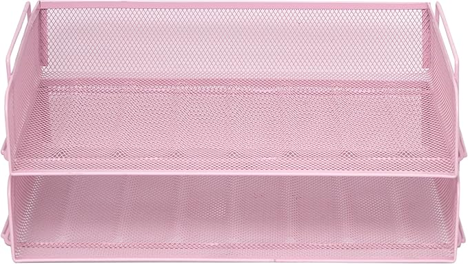 EASEPRES 2 Pack Stackable Desk Paper Tray, Metal Mesh Desktop Document Letter File Organizer for Office Home School, 13.5'' L x 9.75'' W x 5.5'' H, Pink