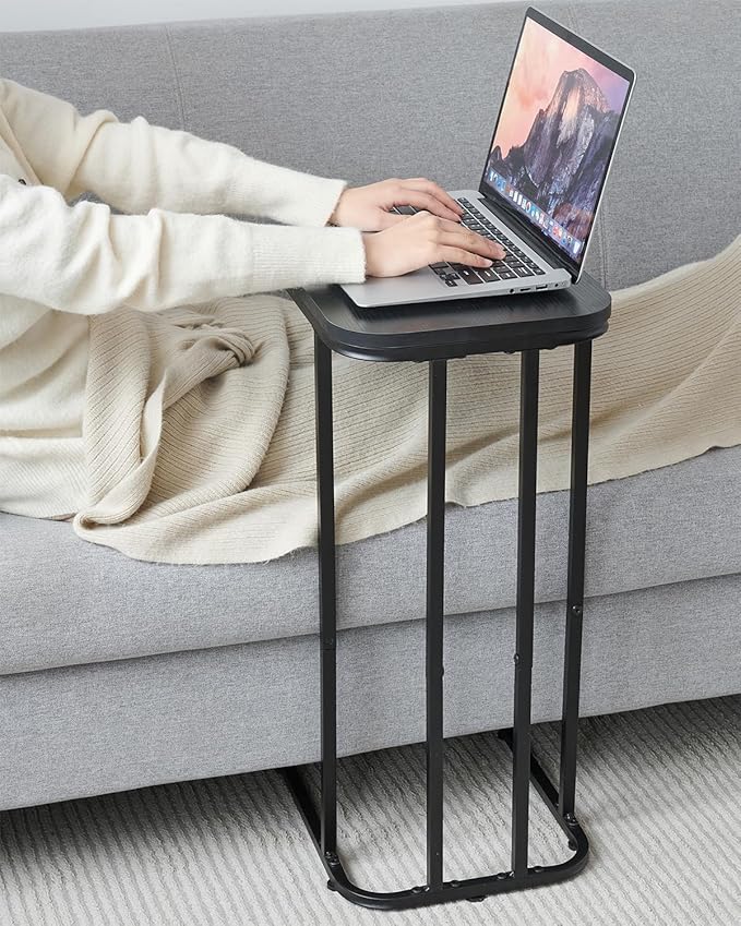 C Shaped End Table, 27 Inches High Small Side Table for Sofa and Bed, Couch Table That Slides Under, Tall Tv Tray Table for Living Room, Bedroom, Metal Frame, Ebony Black