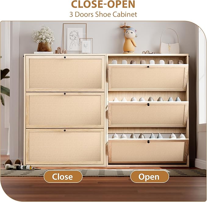 AVZEAR Narrow Shoe Storage Cabinet for Entryway with Natural Linen Panel, Freestanding Slim Shoe Cabinet with 3 Flip Drawers, Wood Shoe Organizer Closed Shoe Rack for Hallway, Living Room(Natural)-NeatNest