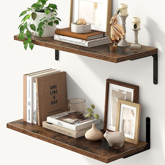 Fun Memories Deep Floating Shelves, 24W x 8D Floating Shelves Set of 2, Wall Mounted Shelf with Metal Brackets, Rustic Wood Wall Shelf for Bathroom, Kitchen and Living Room, Rustic Brown-NeatNest