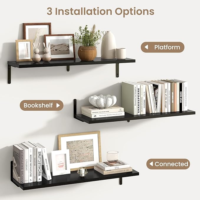 Fun Memories Deep Floating Shelves, 32W x 8D Floating Shelves Set of 2, Wall Mounted Shelf with Metal Brackets, Rustic Wood Wall Shelf for Bathroom, Kitchen and Living Room, Black-NeatNest