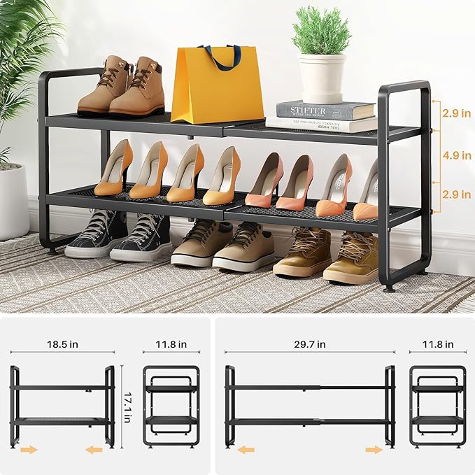 Shoe Rack - Expandable Shoe Organizer for Closet, Adjustable Metal Shoe Shelf Storage, 2 Tier Stackable Long Shoe Stand Holder for Garage, Entryway, Door Entrance, Black-NeatNest