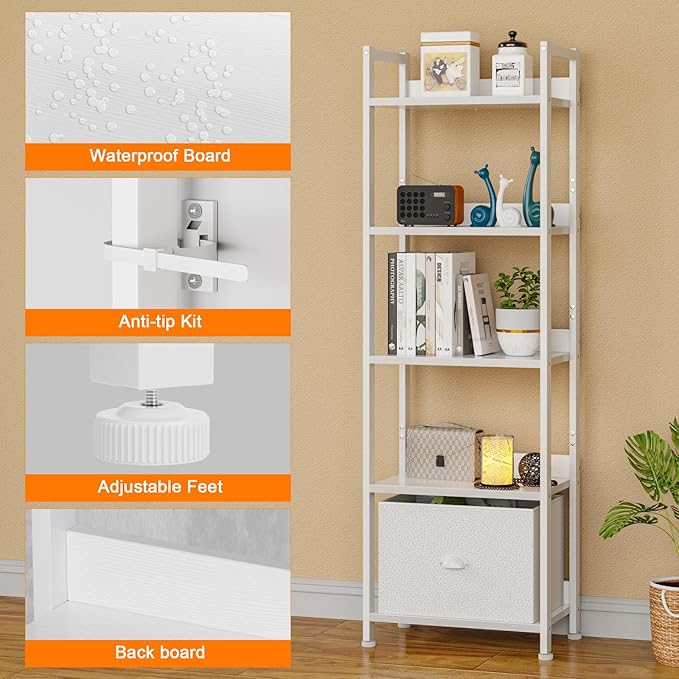 Furologee 5 Tier Bookshelf with Drawer, Tall Narrow Bookcase with Shelves, Wood and Metal Book Shelf Storage Organizer, Modern Display Standing Shelf Unit for Bedroom, Living Room, Office, White