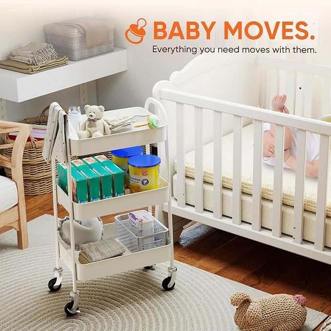 Sekey 3 Tier Rolling Cart Metal, NO Screws Assemble Utility Cart on Wheels, Heavy Duty Storage Cart with Lockable Wheels for Baby Nursery, Bathroom, Kitchen, Laundry Room, White