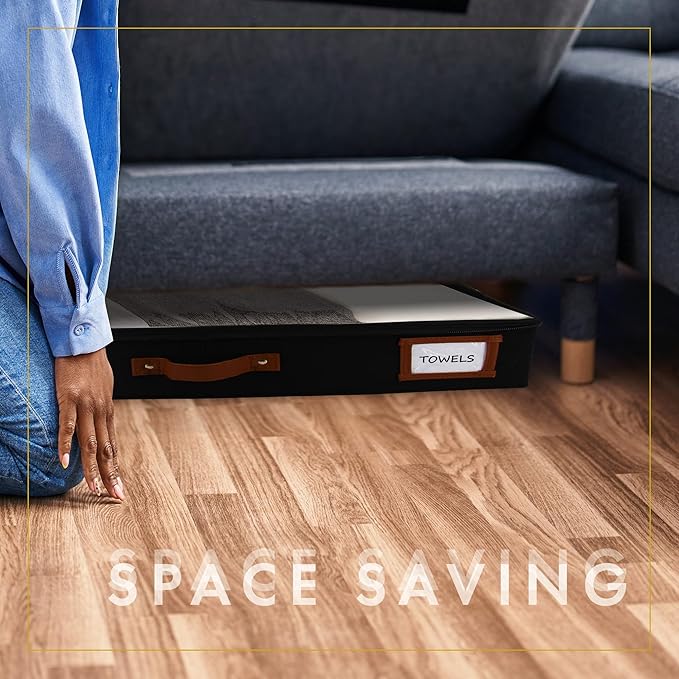 HOMELUX THEORY 2pc Low Profile Under Bed Storage Containers, Thin Under Couch Storage Organizer with Bins & Lids, Underbed Storage Box Ideal for Seasonal Clothes, Blankets, Fabric & Shoes (Black)-NeatNest