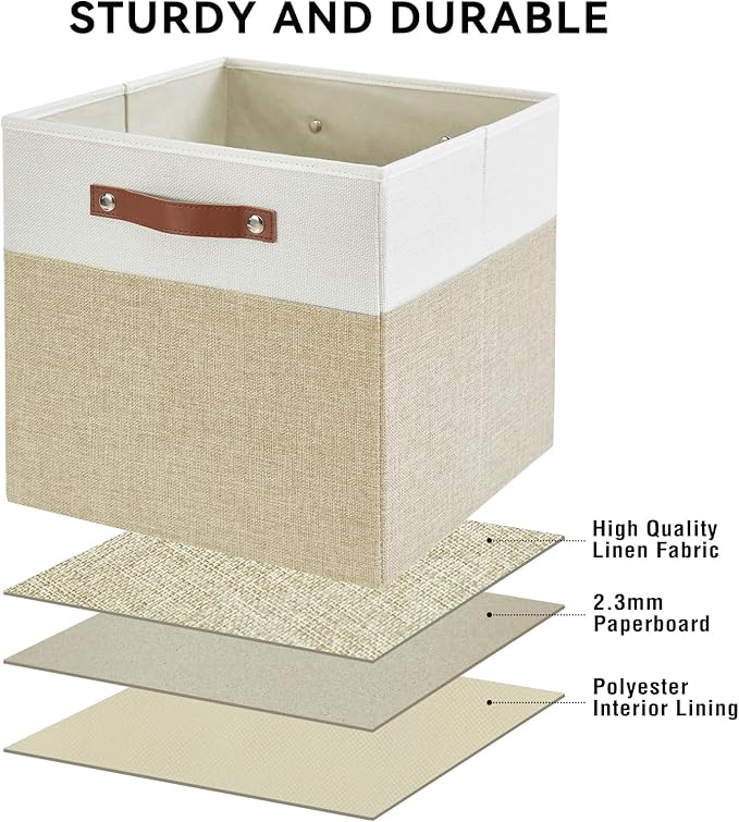 Collapsible Fabric Storage Cube Bins with 2 Reinforced PU Handles, Foldable Storage Organizer Baskets for Closet, Shelves, Living Room | 13"x13"x13", 4 Pack, Beige & White-NeatNest