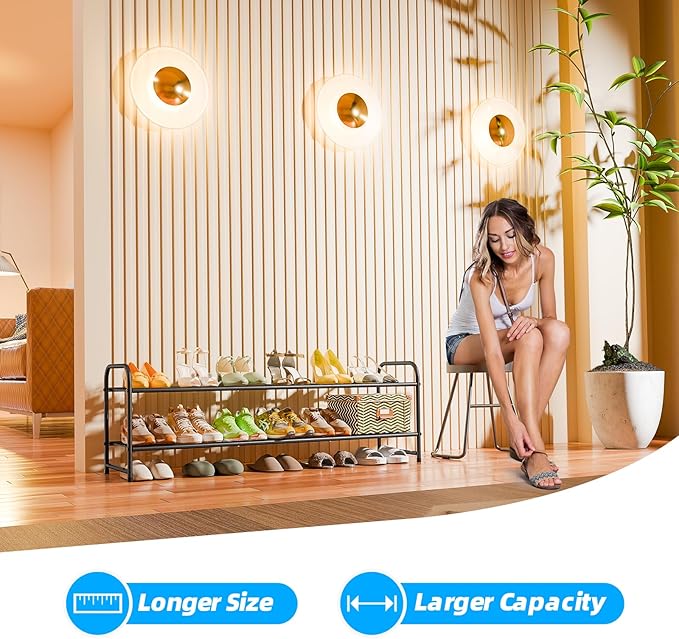 2 Tier Shoe Rack for Closet, 44 Inch Extra Long Shoe Storage Organizer for Shelves, Heavy Duty Metal, Easy Assembly, Black-NeatNest