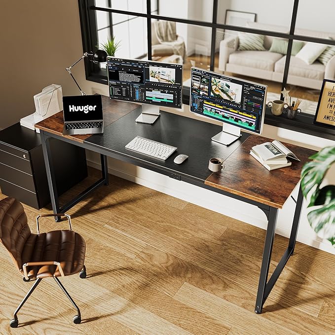 Huuger Computer Desk, 63 Inch Office Desk, Gaming Desk Writing Desk, Work Desk for Home Office, Study, Modern Simple Desk, Large Legroom, Metal Frame, Rustic Brown and Black-NeatNest