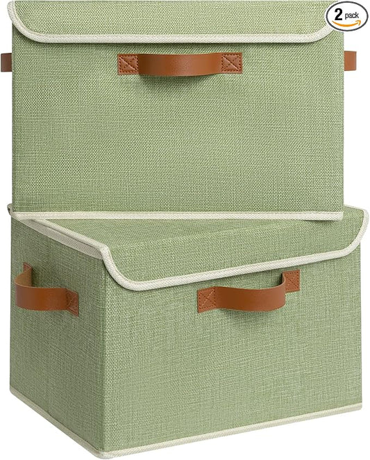 GRANNY SAYS Storage Baskets with Lid, Decorative Storage Boxes, Keepsake Memory Box, Shelf Baskets for Closet, Green, Large, 2-Pack-NeatNest