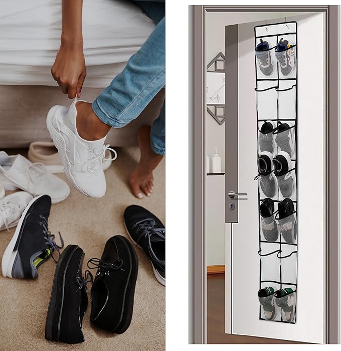 Over The Door Shoe Organizer, 14 Large Mesh Pockets Hanging Shoe Rack for Closet Organizers and Storage, White, 2-pack (white)-NeatNest