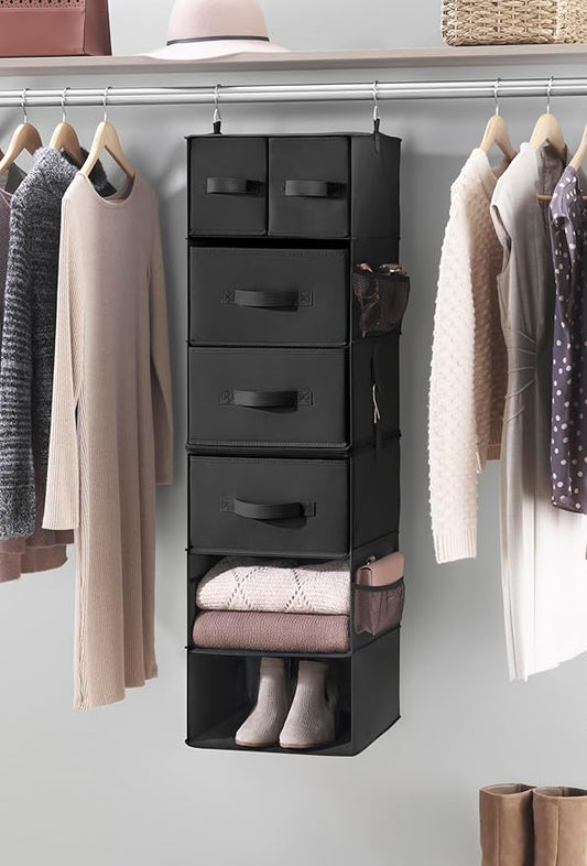 Whitmor Multi-Functional Hanging Organizer with Drawer Inserts- 5 Section - Closet Organizer - Black-NeatNest