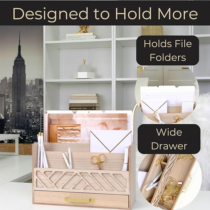 BLU MONACO Natural Mail Organizer with Drawer and Gold Handle – Desktop Mail Holder and Office Supplies Storage – Home Office Desk Accessories – Letter Sorter and Paper Organizer-NeatNest