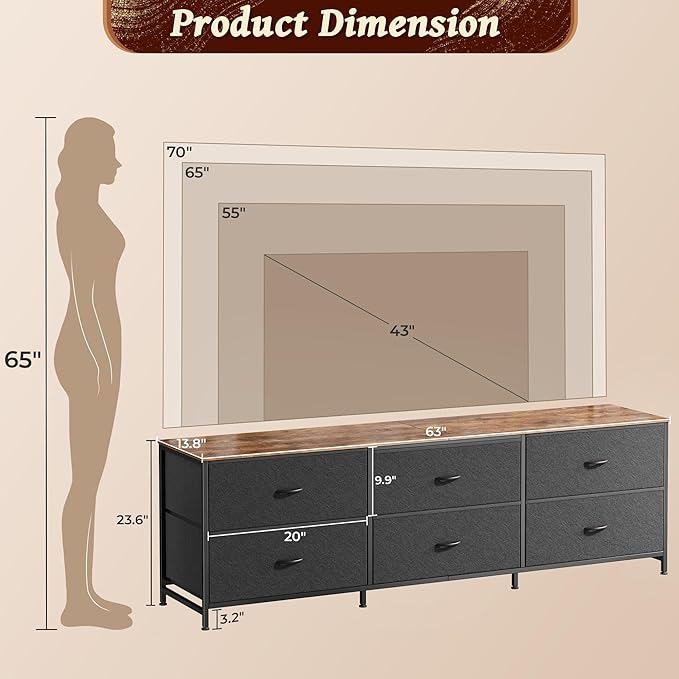 Huuger 63 Inch Long Dresser for Bedroom, Wide TV Stand for 55, 65, 70 Inch TV, 6 Drawer Dresser for Closet with Fabric Drawers, Storage Organizer for Bedroom, Entryway, Rustic Brown and Black-NeatNest