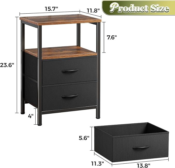 Huuger Night Stand Set of 2, Nightstand with 2 Drawers, Bed Side Table with Open Shelf, Wooden Top, End Table, Fabric Drawer, for Bedroom, Rustic Brown and Black