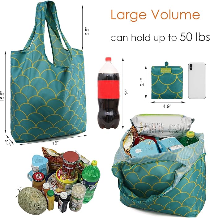 BeeGreen Reusable Grocery Bags Geometry Design - Pack of 6 Foldable Totes for Women with Pouch,X-Large 50lbs Capacity Machine Washable Polyester Sturdy Shopping Bags for Women Travel Shopping-NeatNest