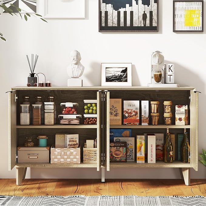 Fluted Cabinet with Storage, Buffet Sideborad with 4 Doors, Kitchen Buffet Storage Accent Cabinet with Adjustable Shelves for Living Room, Entry, Hallway, Natural