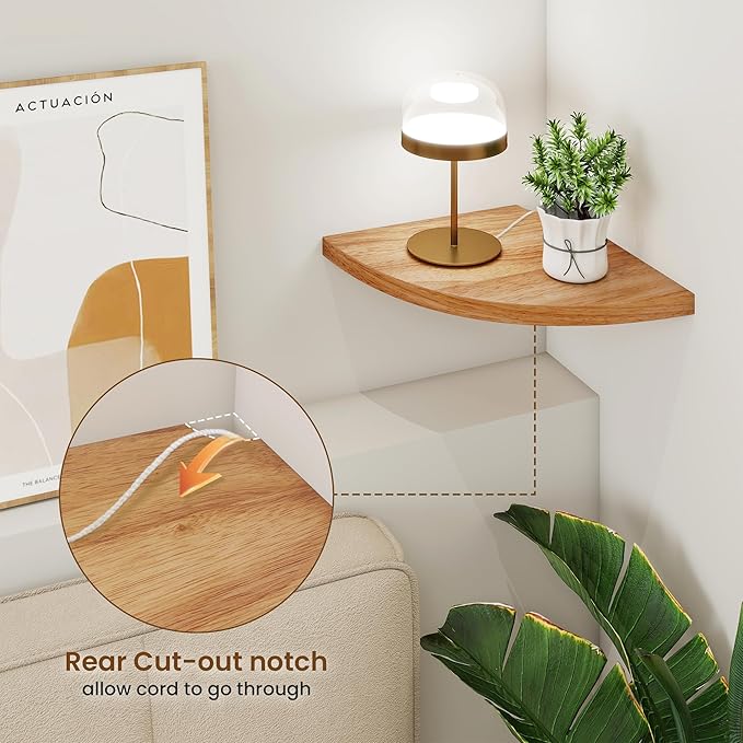 Fun Memories Corner Shelf Wall Mount Set of 2 - Solid Oak Wood Floating Corner Shelf with Cable Hole, 10in Rustic Design for Bedroom, Living Room, Kitchen (Natural)-NeatNest