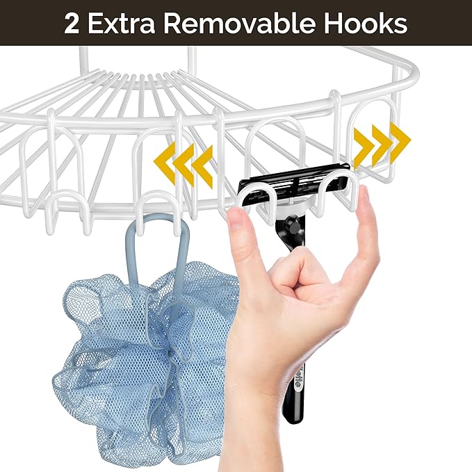 Orimade Corner Shower Caddy with 2 Hooks Wall Mounted Metal Bathroom Shelf Storage Organizer Adhesive No Drilling 2 Pack, White Only for 90-Degree Corner
