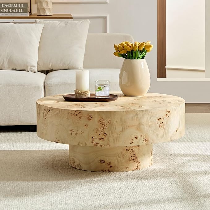 Coffee Table Round Wood 31.49" for Living Room Small Modern Coffee Tables Natural Burl Circle Drum Tea Center Cocktail Fluted Handcraft Home Furniture for Apartment Small Space Easy Assembly-NeatNest