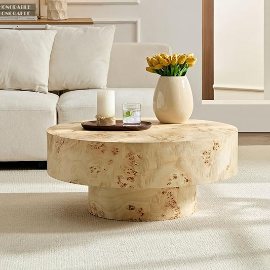 Coffee Table Round Wood 31.49" for Living Room Small Modern Coffee Tables Natural Burl Circle Drum Tea Center Cocktail Fluted Handcraft Home Furniture for Apartment Small Space Easy Assembly-NeatNest
