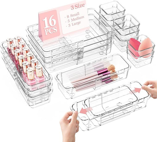 DILIBRA 16 Pcs Clear Extendable Drawer Organizer, Adjustable Drawer Storage 3-Size Desk Drawer Organizer, Plastic Non-Slip Storage Bins for Makeup, Cosmetic, Jewelries, Utensils, Stationery, Dressers-NeatNest