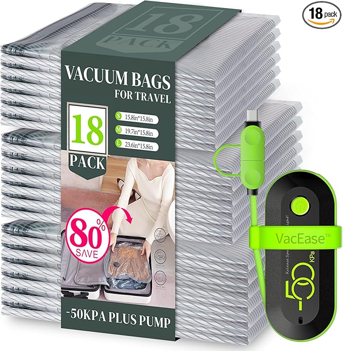 18 Pack Vacuum Bags for Travel with USB Pump, Compression Travel Vacuum Bags for Luggage and Suitcase, Carry-on Size Space Saver Bags for Clothes and Clothing-NeatNest