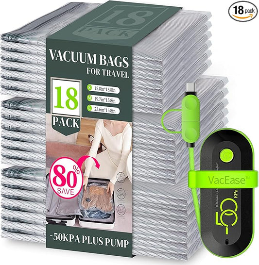 18 Pack Vacuum Bags for Travel with USB Pump, Compression Travel Vacuum Bags for Luggage and Suitcase, Carry-on Size Space Saver Bags for Clothes and Clothing-NeatNest
