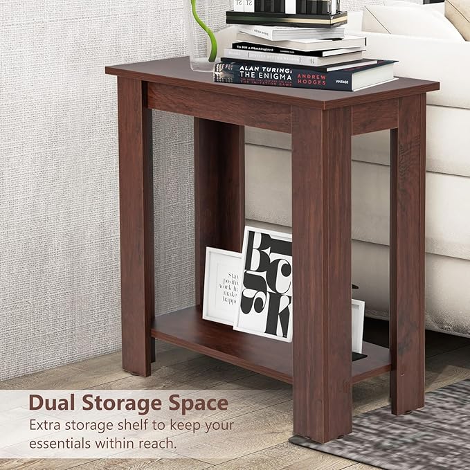 GOFLAME 24” Side Table, 2-Tier Rectangular End Table with Storage Shelf, Multipurpose Night Stand for Bedroom, Living Room, Brown