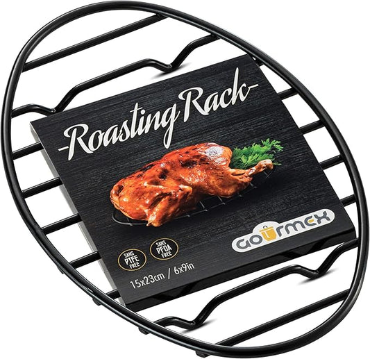 GOURMEX Black, Oval Oven Roasting Rack with Integrated Feet | Ideal for Cooking, Baking, Roasting, Cooling and Grilling | Non-Stick Coating, PTFE Free | Oven and Dishwasher Safe Rack (6 x 9")