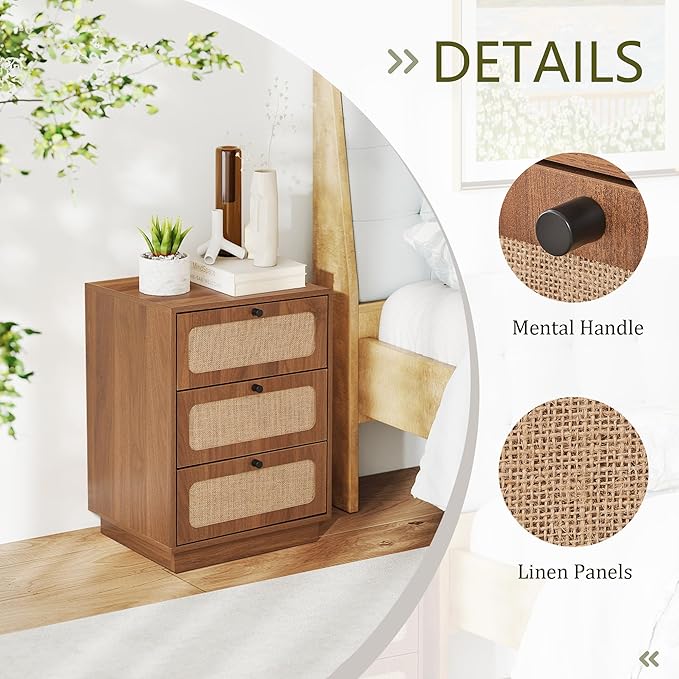 16 Inch Nightstand Set of 2, Mid-Century Wood Night Stand with 3 Storage Drawer, Farmhouse Small Linen Decor End Table for Sofa Couch, Side Tbale for Bedside Bedroom, Living Room (Walnut)