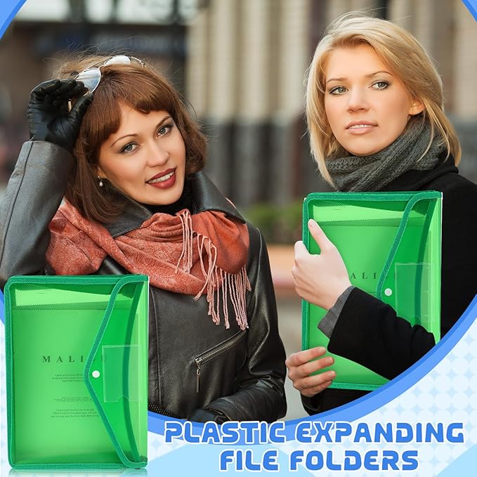 4 Pack A4 Expanding Plastic File Folders Waterproof Document Organizer with Snap Button Multiple Pockets, Office Home Office Storage (Green)