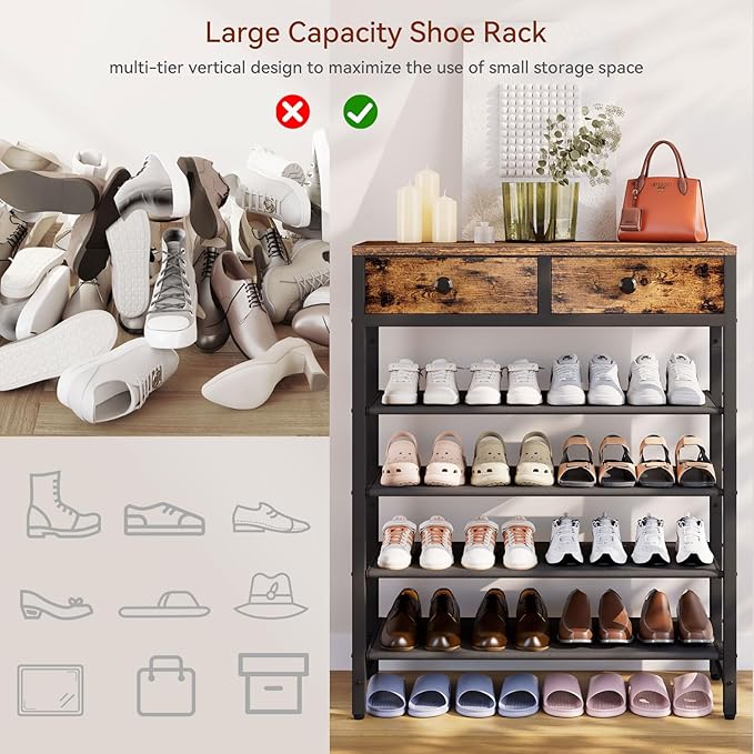 IBUYKE 5 Tier Shoe Rack, Metal Shoe Storage Organizer with 2 Drawers, Shoe Storage Rack for 12-16 Pairs of Shoes, Modern Shoe Stand with Fabric Shelf for Entryway Closet Bedroom, Rustic Brown TXJ040H-NeatNest