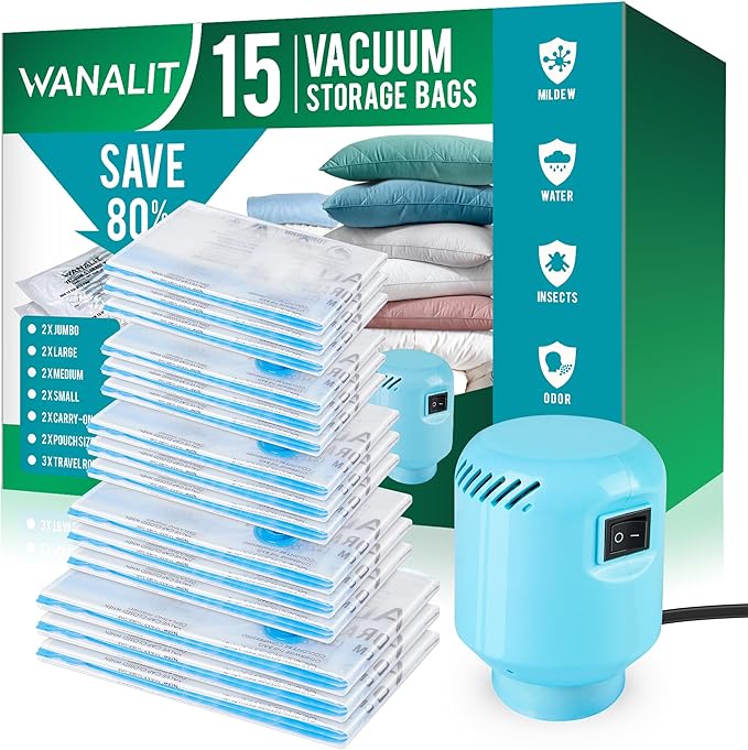 Vacuum Storage Bags with Electric Air Pump, New Air Valve Combo 15 Pack Compression Bag, Space Saving Vacuum Sealer Bags for Clothes, Blanket, Duvets, Pillows, Comforters, Travel, Two Compressing Ways-NeatNest