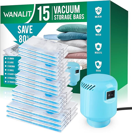 Vacuum Storage Bags with Electric Air Pump, New Air Valve Combo 15 Pack Compression Bag, Space Saving Vacuum Sealer Bags for Clothes, Blanket, Duvets, Pillows, Comforters, Travel, Two Compressing Ways-NeatNest