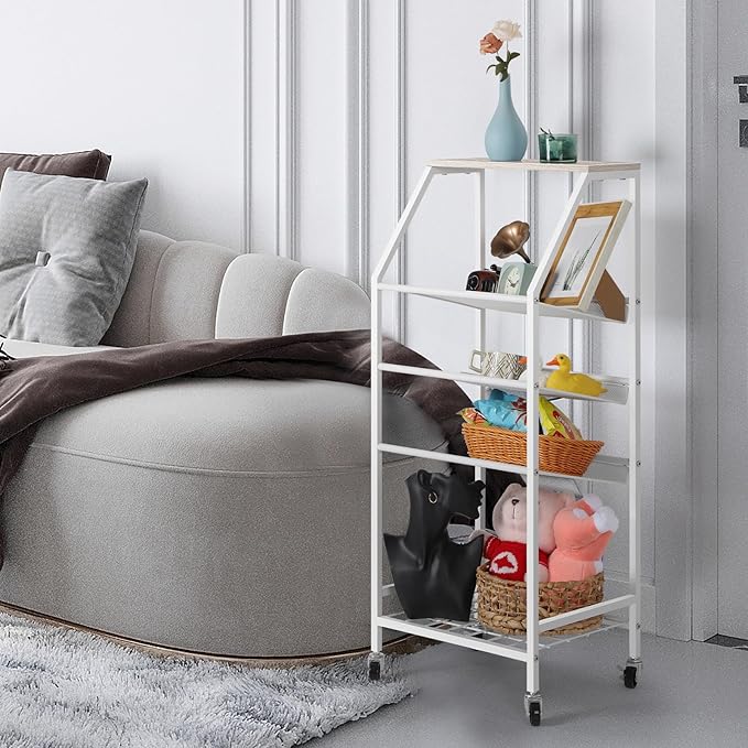 5 Tier Bathroom Towel Rack Cart with Wheels Metal Wood Rolling Utility Cart with Storage Shelves for Home Living Room Bedroom Kitchen, White