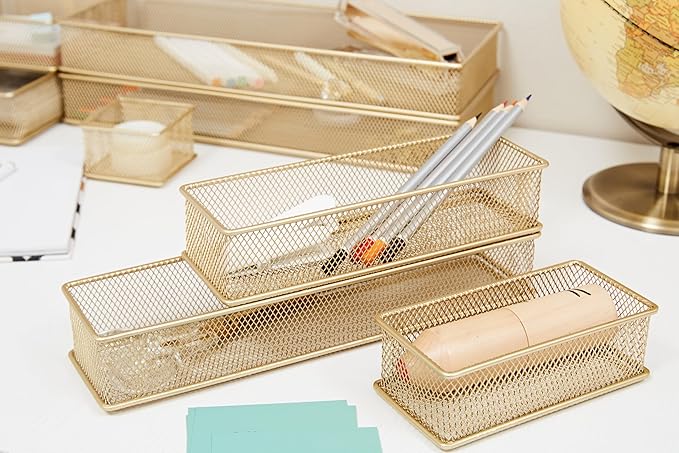 Annova Mesh Stackable Drawer Cabinet and Shelf Organizer Bins Storage Basket School Office Supply Holder Tray- Set of 2 (Gold, 3x12x2 Inch)-NeatNest