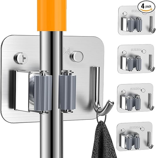 4 Pack Stainless Steel Mop and Broom Holder Wall Mount with Hook, Screw Drilling Mop and Broom Hanger, Single Heavy Duty Storage Rack for Laundry Garage Closet Garden Tool Organizer, Silver-NeatNest
