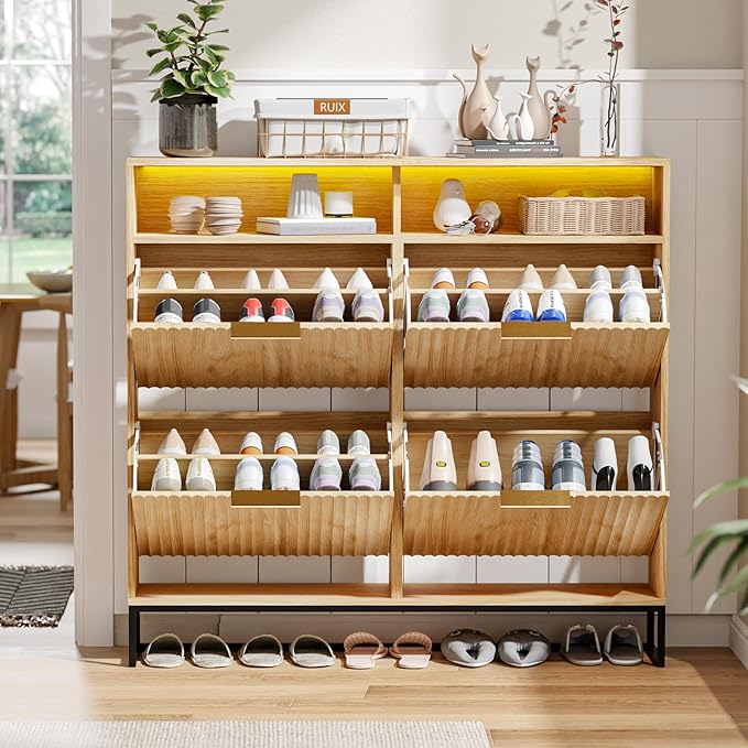 VINGLI Fluted Shoe Cabinet Storage for Entryway,Hidden Shoes Storage Cabinet with 4 Flip Drawers, Mid Century Modern Shoe Rack with LED Light,Shoes Organizer with Cubby for Hallway(Natural Oak)-NeatNest