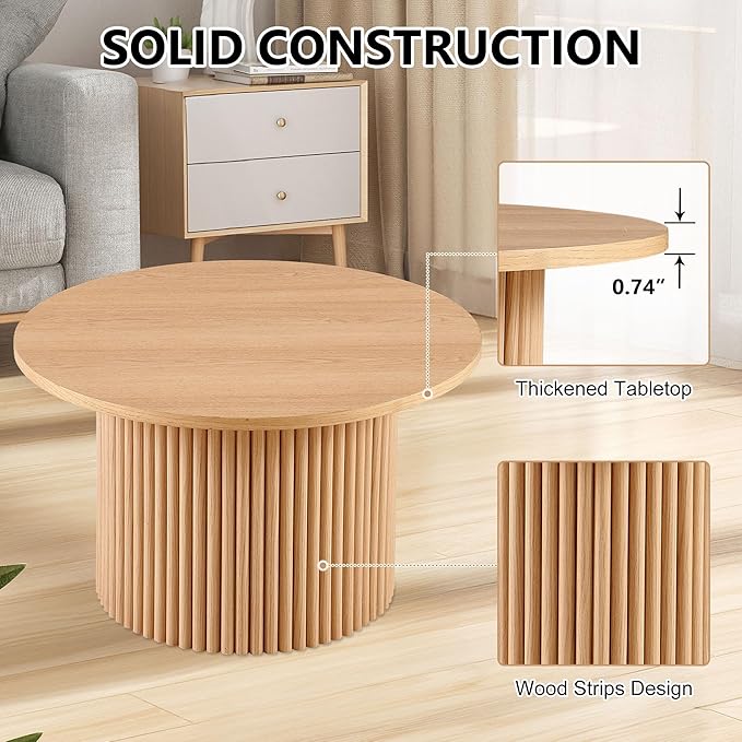 27.56" Round Accent Side Table with Wood Strip Base for Living Room, Farmhouse End Table Engineered Wood Desktop Solid Oak Wood Veneer Furnish, Modern Nightstand Table for Bedroom
