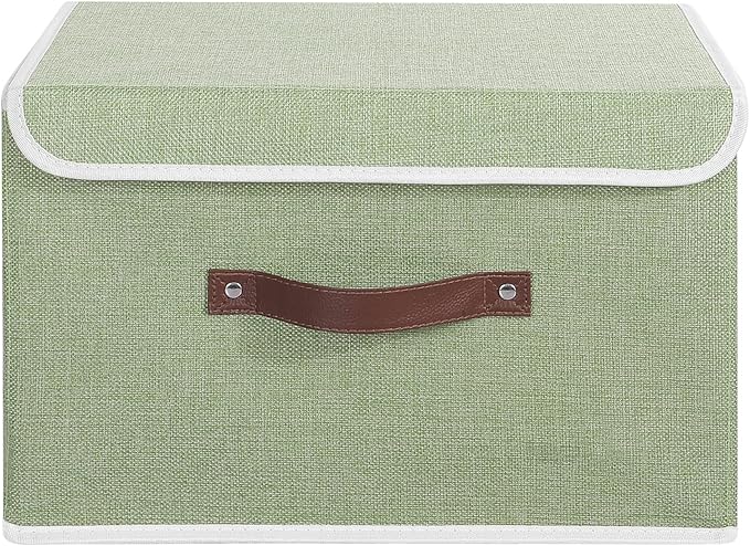 ANMINY Storage Bin with Lid Storage Boxes with PU Leather Handles PP Plastic Board Decorative Foldable Lidded Cotton Linen Fabric Home Cubes Baskets Closet Organizer Container - Green, Large Size-NeatNest