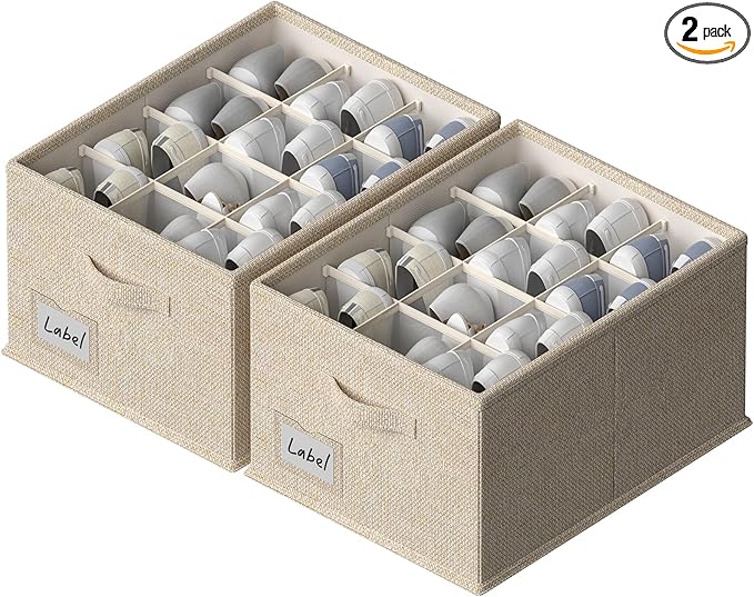 2 Pack Shoe Organizer for Closet,Fits up to 24 Pairs,Fabric Shoe Storage Bins,Large Shoe Box Storage Containers with Bottom Support for Shoes (Beige, (16.5 * 12.6 * 9.5) x1)-NeatNest