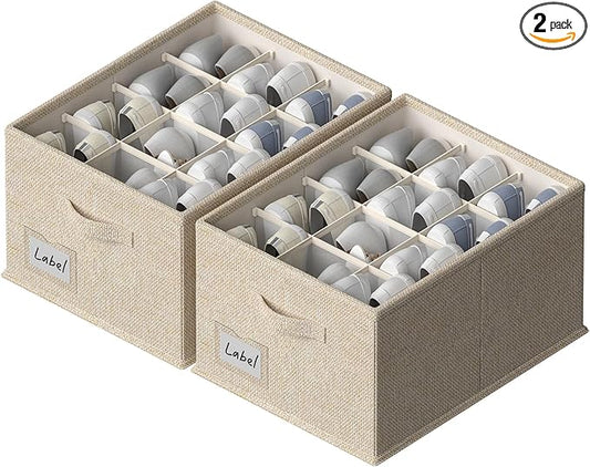 2 Pack Shoe Organizer for Closet,Fits up to 24 Pairs,Fabric Shoe Storage Bins,Large Shoe Box Storage Containers with Bottom Support for Shoes (Beige, (16.5 * 12.6 * 9.5) x1)-NeatNest