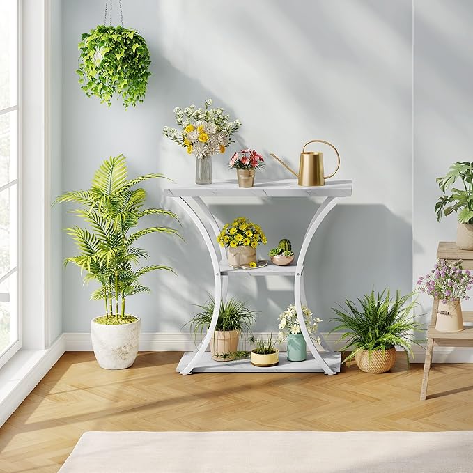Hoctieon 3 Tier Console Table with Open Wood Shelves, Decorative Entryway Table with Curved Metal Frames, Narrow Sofa Table for Entrance, Living Room, Hallway, White Marbled-NeatNest