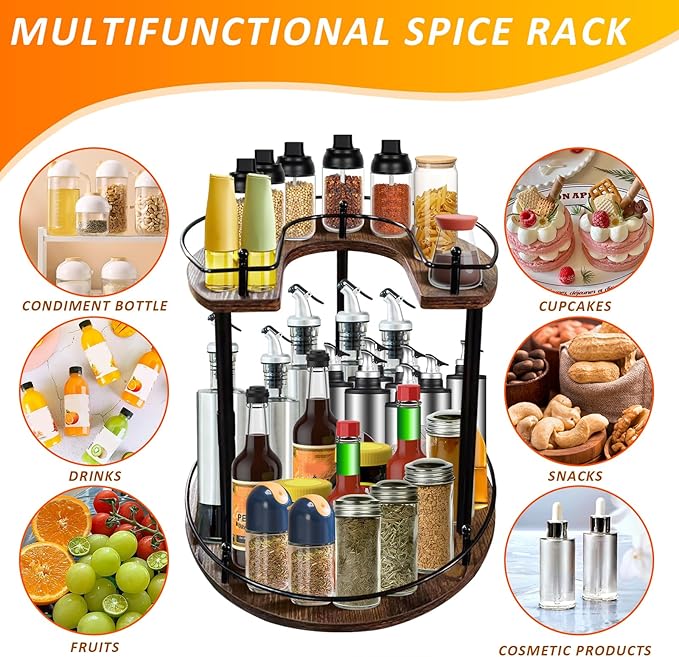 2-Tier Lazy Susan Organizer, Rotating Spice Rack with Stable Carousel Base & 4 Height Settings, Spice Rack Organizer for Cupboard Kitchen Countertop Dining Table-NeatNest
