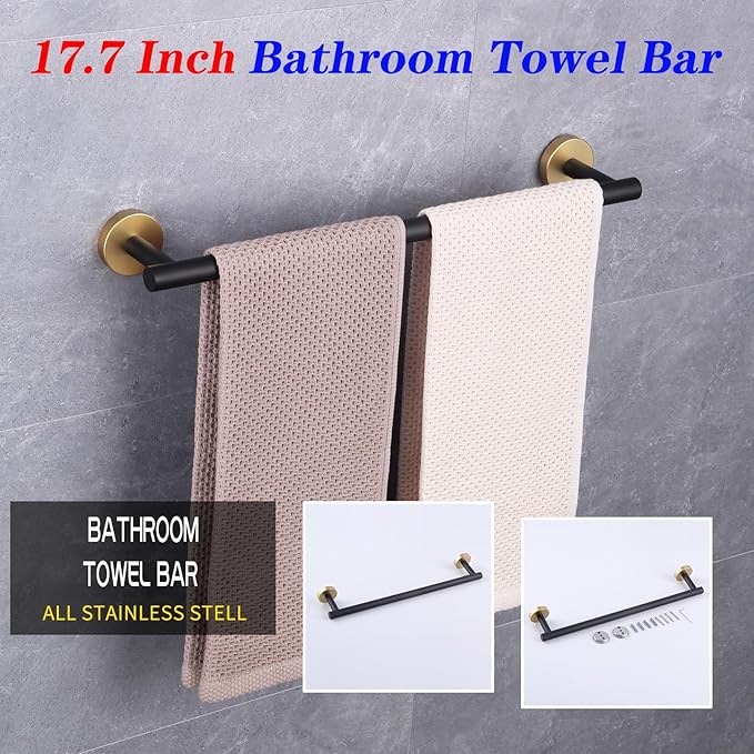 GERZWY SUS 304 Stainless Steel 18-Inch Bathroom Towel Bar Modern Round Style Bath Towel Bar Wall Mount (Black & Gold) AG1101C45-BD