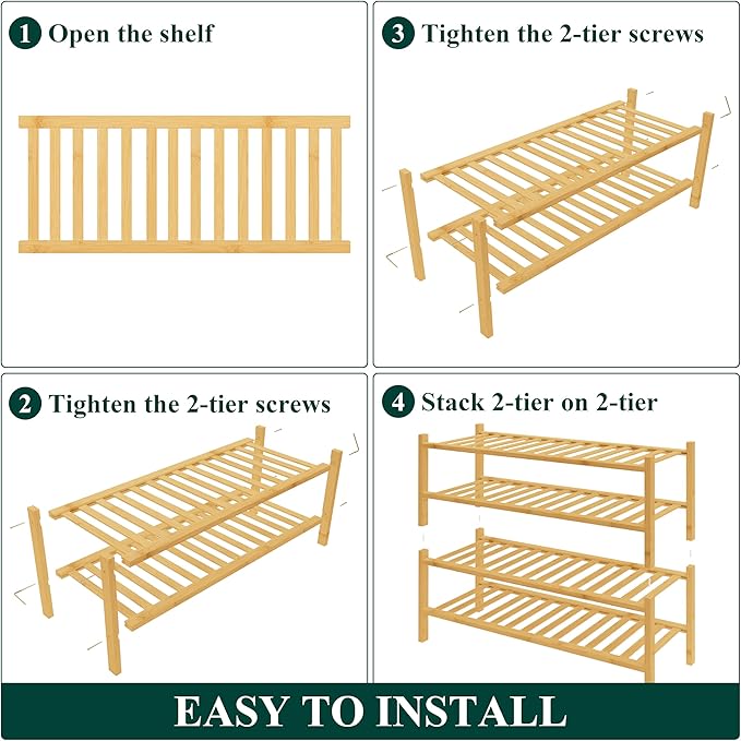 Smiry Bamboo Shoe Rack for Closet, 4 Tier Wooden Stackable Shoe Organizer, Free Standing Shoes Storage Shelf for Entryway, Front Door Entrance, Natural-NeatNest