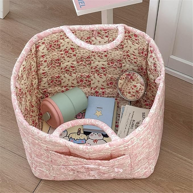 Boho Fabric Storage Basket Quilted Floral Print Baskets Organizer Bin with Handles for Home, Picnic, Shopping (Pink, L)-NeatNest