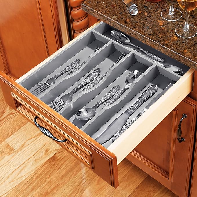 Greenual Gray Silverware Organizer 10 In Utensil Organizer Silverware Tray for Drawer Cutlery Flatware Organizer for Kitchen Bamboo Wood-NeatNest