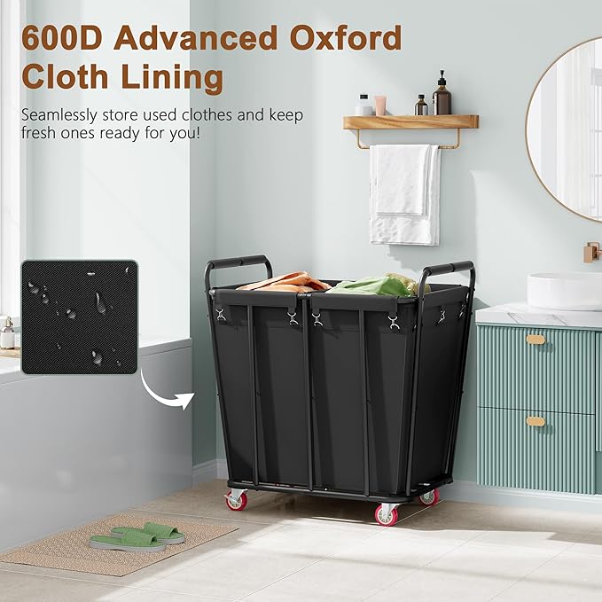 Hoctieon 2 Section Laundry Sorter Cart, 400L Rolling Hamper with Wheels, Industrial Laundry Basket Organizer, Extra Large Dirty Clothes Hamper for Home & Hotel, Heavy Duty, Black-NeatNest